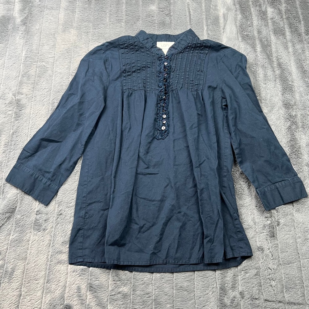 Ann Taylor LOFT Navy Blue Cotton Pintuck Dobby Blouse XS 3/4 Sleeve Top